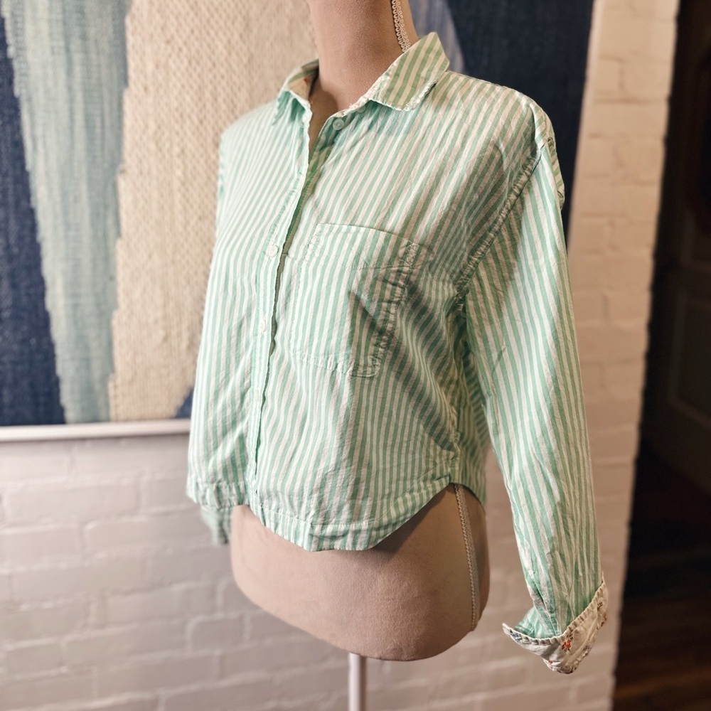 American Eagle Soft Mint Pastel Striped Button Down Crop Top